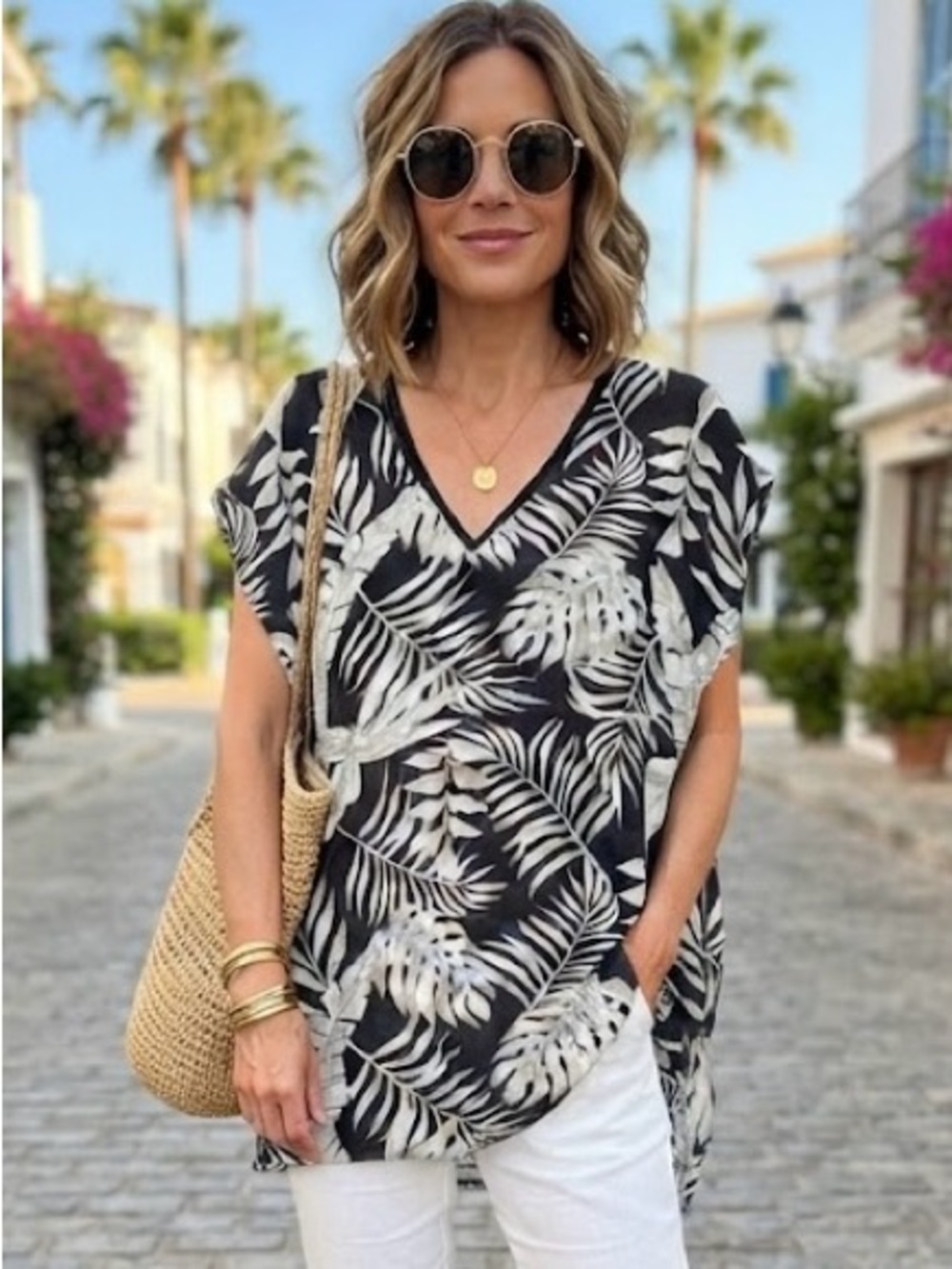 Tahari Black White Tropical Palm Leaf V-Neck Cover-Up Top Tunic Quite Luxury M
